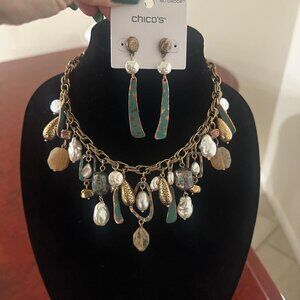CHICO'S Copper Charm Bib AND MATCHING NO DROOP EARRINGS.